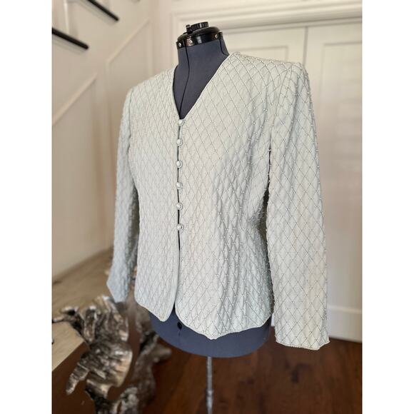 Quilted Jacket Mint Pearl Wedding Guest Church Modest Special Occasion Costume - Picture 9 of 13